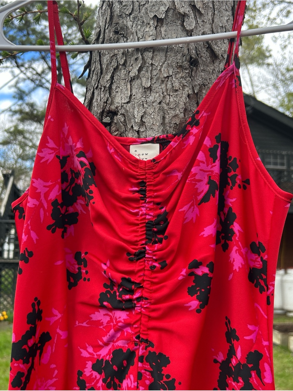a new day Red Floral Ruched Midi Dress with Pink & Black Accents